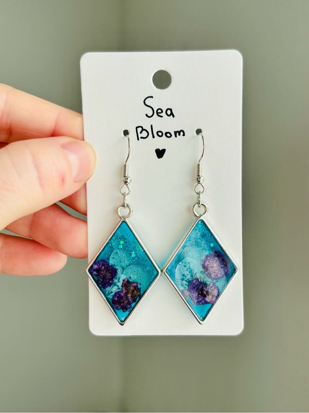 Sea Bloom Resin Diamond Earrings Handmade Real Dried Flower Ocean Inspired